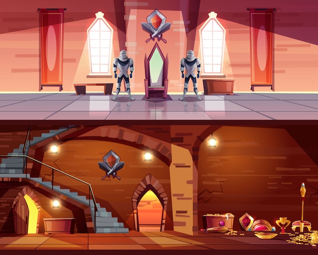 Medieval castle ballroom with knight guards near royal throne and ancient dungeon Free Vector