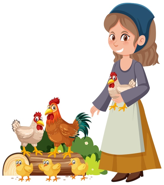 Premium Vector | Medieval girl raising chickens on white background