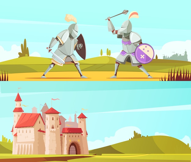 Medieval horizontal cartoon banners set Vector | Free Download