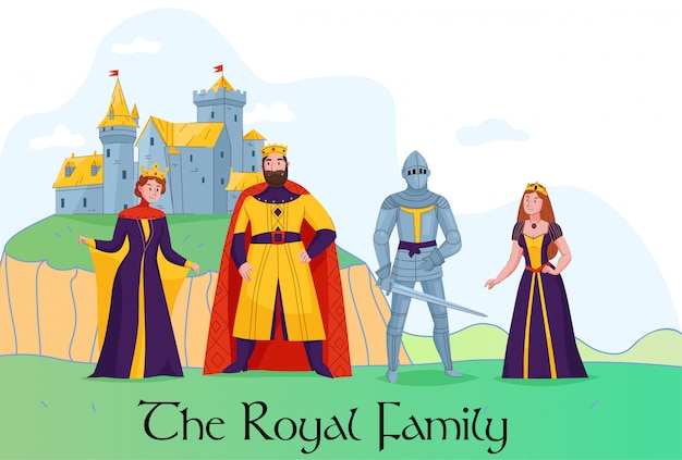 王女王女騎士王女姫ベクトルイラストと城フラット構成の前に立っている中世の王国王室 無料のベクター