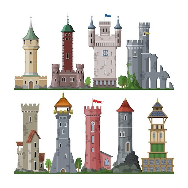 キングダムフェアリーランドイラストのファンタジー宮殿の建物の中世の塔漫画城おとぎ話 プレミアムベクター