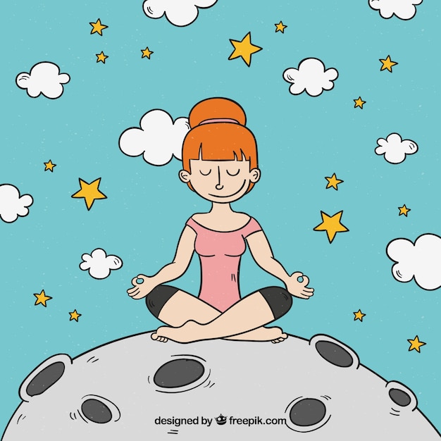 Meditating concept with hand drawn relaxed\
woman