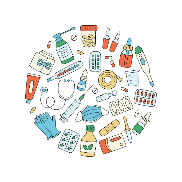 Лекарства, лекарства, таблетки, флаконы и медицинские элементы. иллюстрация  в форме круга | Премиум векторы