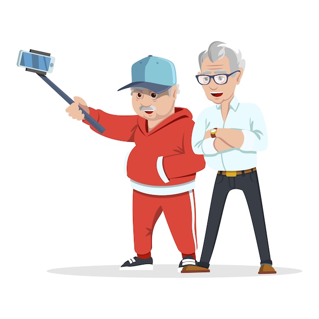 Premium Vector | Meeting old friends. group of cheerful senior people  hipsters gathering and having fun. senior people taking selfie photo with  stick. fashion grandfathers. pensioners at retirement on white background