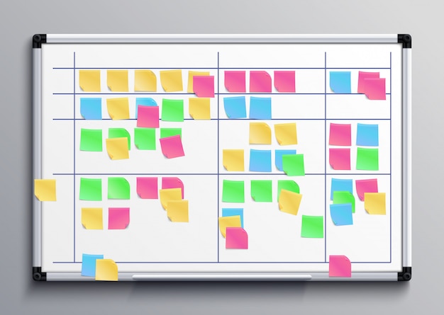 カラーステッカーで会うホワイトボード 毎日計画ベクトル図の付箋とスクラムタスクボード プレミアムベクター