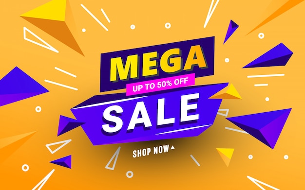 Premium Vector Mega Sale Banner Template With Polygonal 3d Shapes And Text On An Orange Background