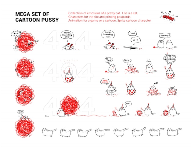 Mega set of cartoon pussy. collection of emotions of a pretty cat. Premium Vector
