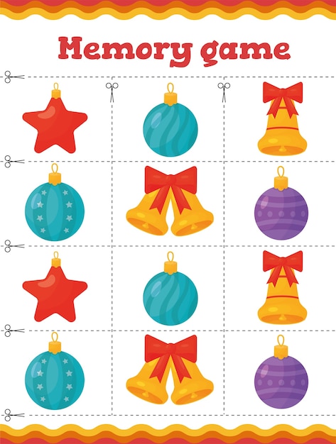 記憶ゲームクリスマスツリーの装飾の幼児教育ゲーム 就学前または幼稚園のクリスマスワークシート プレミアムベクター