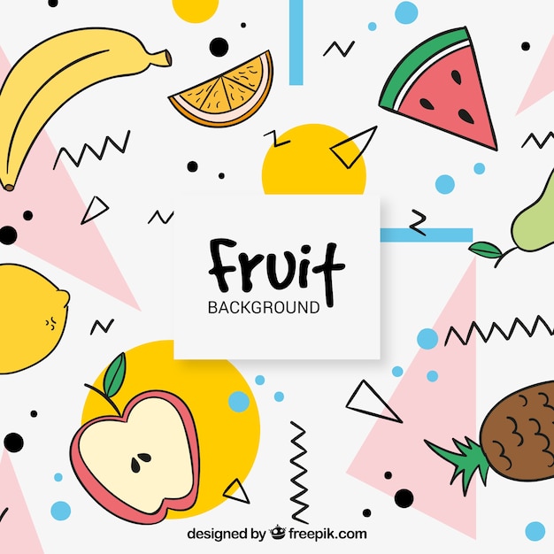 Memphis background of various hand drawn\
fruits