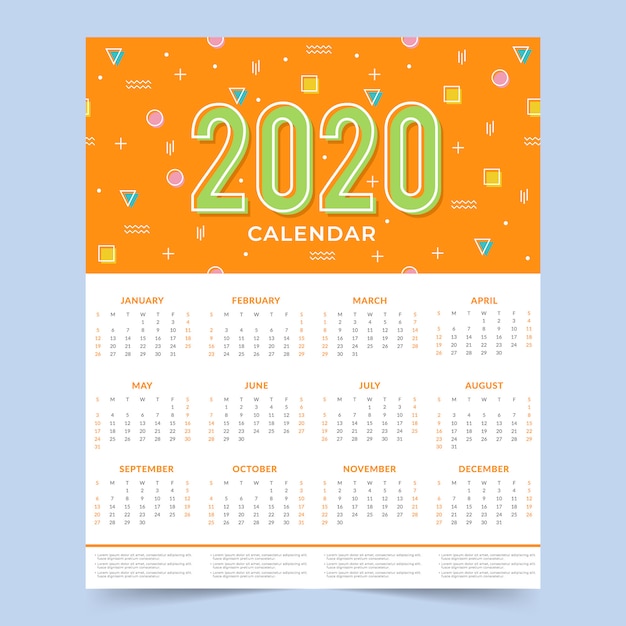 Memphis wall calendar 2020 year template Premium Vector