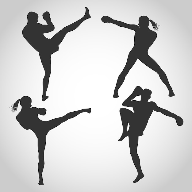 男性と女性のキックボクシングシルエット プレミアムベクター