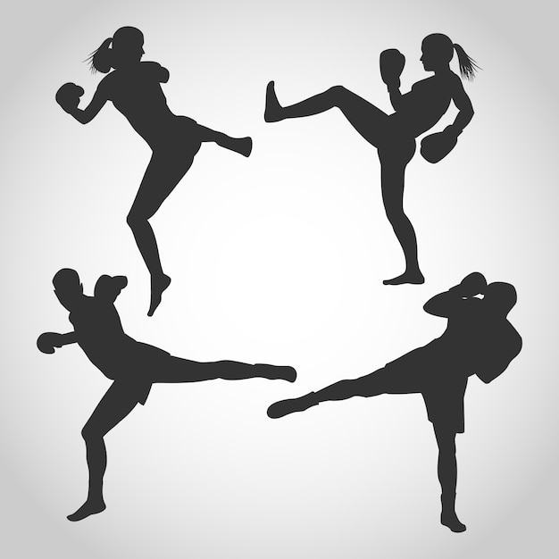 男性と女性のキックボクシングシルエット プレミアムベクター