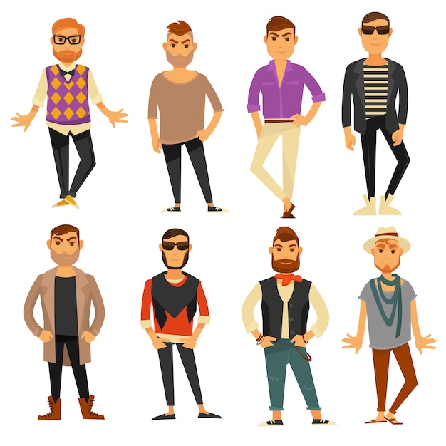 Men In Different Casual Fashion Clothes Styles Vector Flat