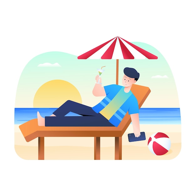 Men relaxing on the beach and drinking juice Premium Vector