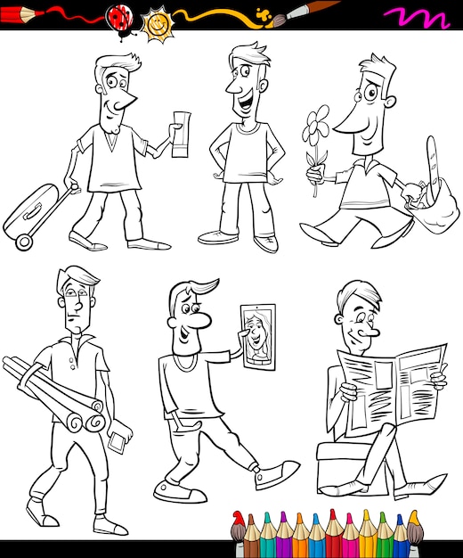 Premium Vector Men set cartoon coloring book