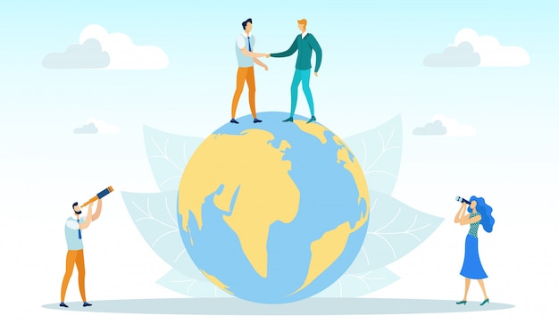 Premium Vector | Men shaking hands standing on globe, business