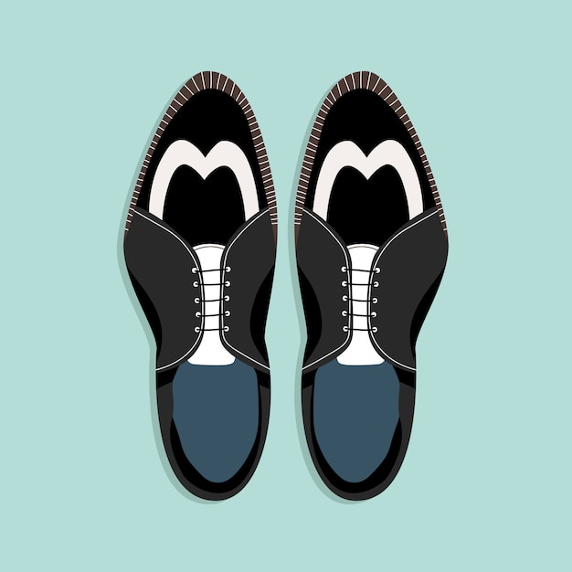 ひも付きメンズシューズ トップダウンビュー 古典的な黒と白の男性の靴のイラスト Webおよび印刷用の手描きのクリップアート 男性 の靴のペアのトレンディなレイアウトスタイルのイラスト プレミアムベクター