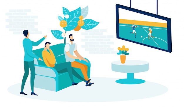 Men watching football game on tv flat illustration Premium Vector
