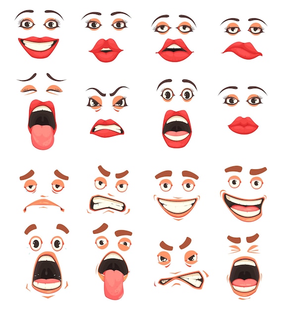  Men women cute mouth lips eyes facial expressions gestures grotesque comic emotions cartoon big set