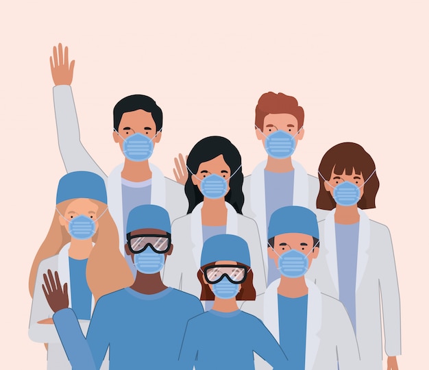 Premium Vector | Men and women doctors with uniforms masks and glasses ...