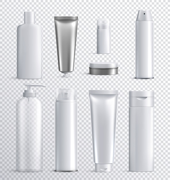 メンズ化粧品ボトル透明な現実的なアイコンを液体スプレーシャンプーやスキンケアのイラストの透明な背景で設定 無料のベクター