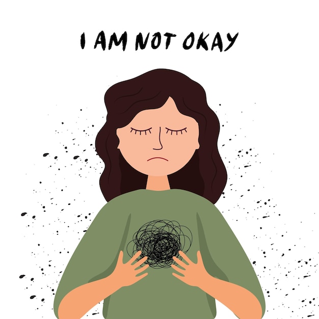 メンタルヘルスの意識 うつ病の心の状態で女性のイラスト 心理学のイラスト 漫画の悲しみの少女 私は大丈夫ではありません プレミアムベクター