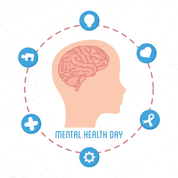 Premium Vector | Mental health day card with brain in head profile ...