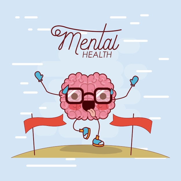 Mental health poster of brain cartoon with glasses running Vector ...