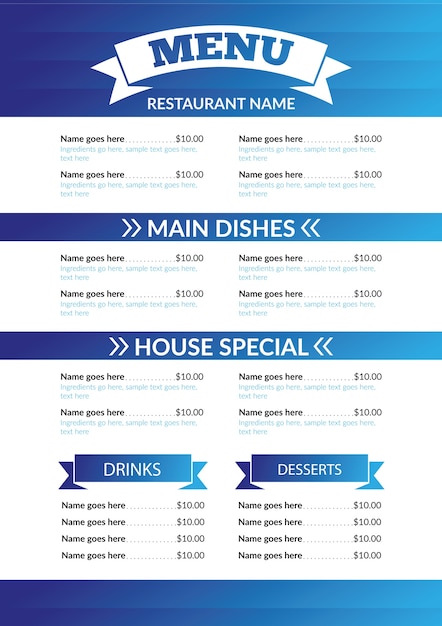 Menu in blue tones | Free Vector