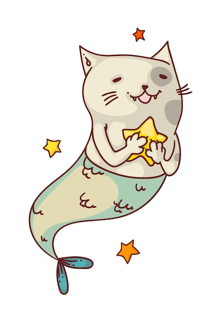 人魚猫空想の生き物 ヒトデスケッチ図面を保持している面白い人魚猫魚の漫画のキャラクター かわいい幸せなファンタジーの生き物動物落書きアート プレミアムベクター