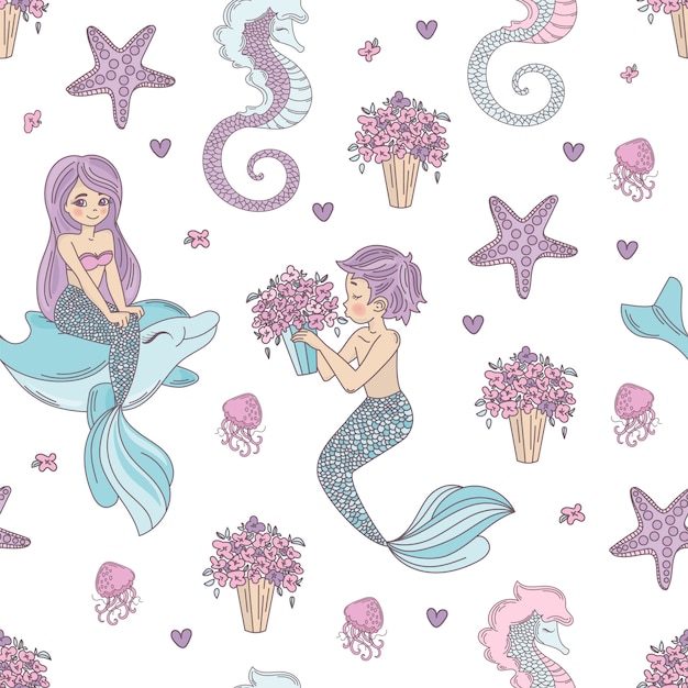 Download Premium Vector | Mermaid pattern wedding seamless pattern ...