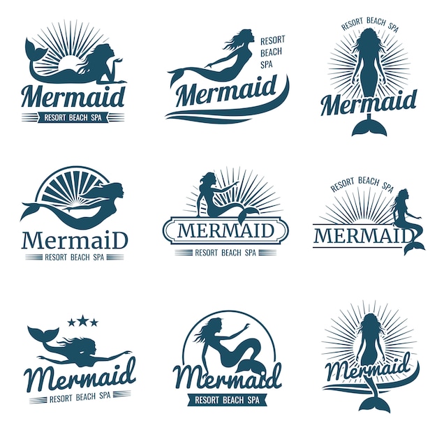 定型化された人魚のシルエットのロゴのコレクション プレミアムベクター