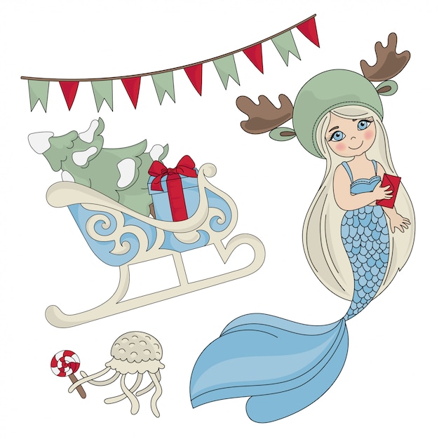 Download Mermaid sleigh christmas seamless pattern | Premium Vector