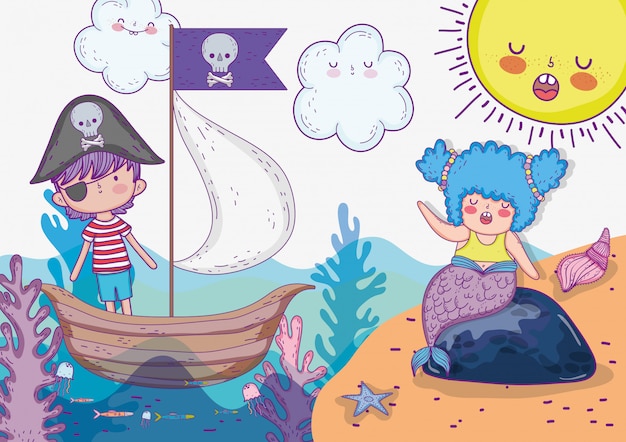 Download Mermaid woman and pirate boy in the ship | Premium Vector