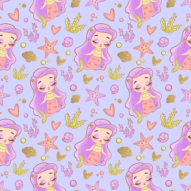 Premium Vector | Mermaids seamless pattern. underwater seamless pattern.