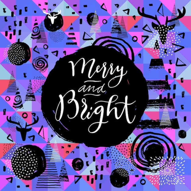 Premium Vector | Merry and bright hand drawn calligraphic greeting card