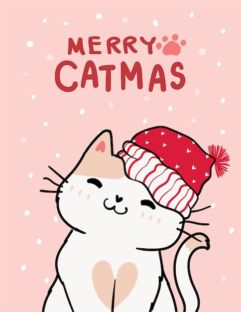 Premium Vector | Merry catmas, christmas greeting card, cute smile cat ...