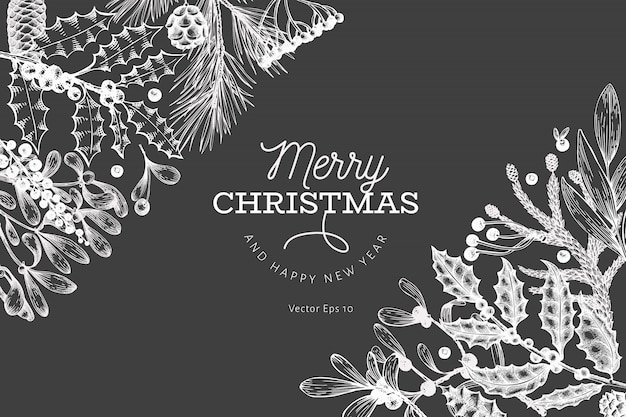 メリークリスマスと幸せな新年のグリーティングカードテンプレート ベクトルは チョークボードに描かれたイラストを手します レトロなスタイルのグリーティングカードデザイン プレミアムベクター
