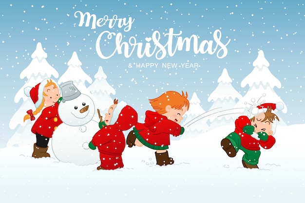 メリークリスマスと冬の休日の活動の雪で遊ぶ子供たちとの幸せな新年のグリーティングカード かわいいイラスト漫画のキャラクター プレミアムベクター