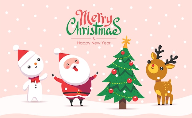 メリークリスマス そしてハッピーニューイヤー 雪片と彼の友人と面白いサンタクロースのグリーティングカード 漫画のフラットスタイル プレミアムベクター