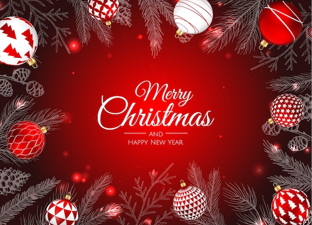 メリークリスマス そしてハッピーニューイヤー ポインセチア 雪片 星とボールとクリスマスの背景 グリーティングカード ホリデーバナー ウェブポスター プレミアムベクター