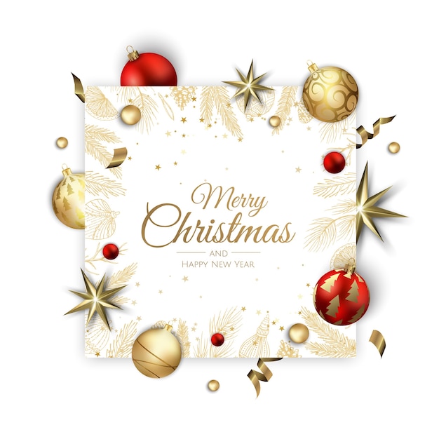 メリークリスマス そしてハッピーニューイヤー 輝く金の雪片とクリスマスの背景 グリーティングカード ホリデーバナー ウェブポスター プレミアムベクター
