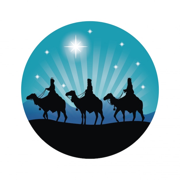 メリークリスマスと聖なる家族の概念は ラクダのアイコンの3人の賢者によって表されます シルエットとフラットイラスト プレミアムベクター