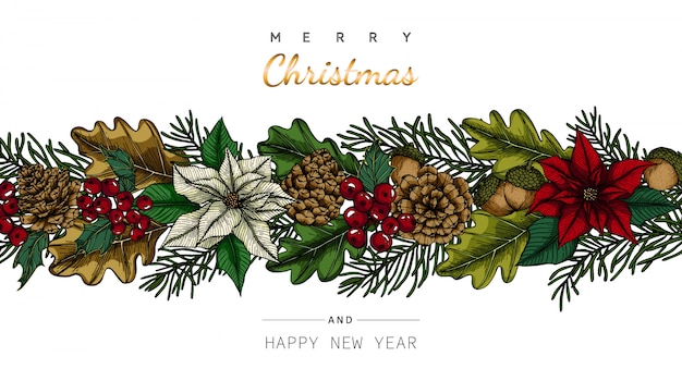 メリークリスマスと新年の背景と花と葉のイラストを描いたグリーティングカード プレミアムベクター