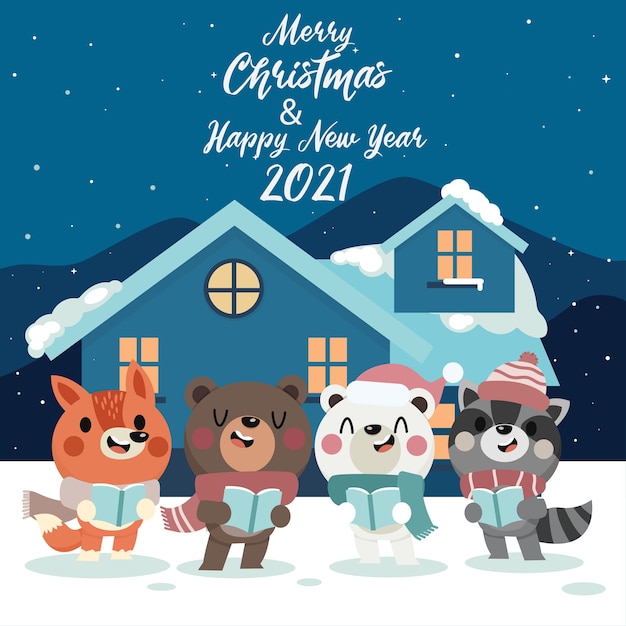 かわいい冬の動物とメリークリスマスと新年の挨拶の背景 プレミアムベクター