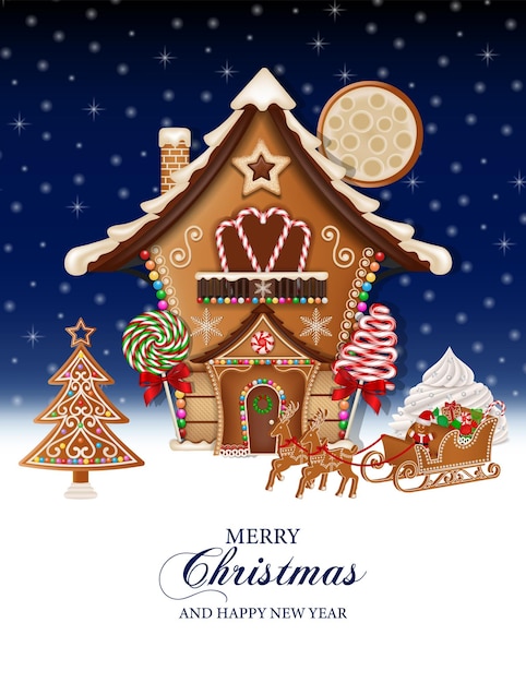 Premium Vector | Merry christmas background with gingerbread house and ...