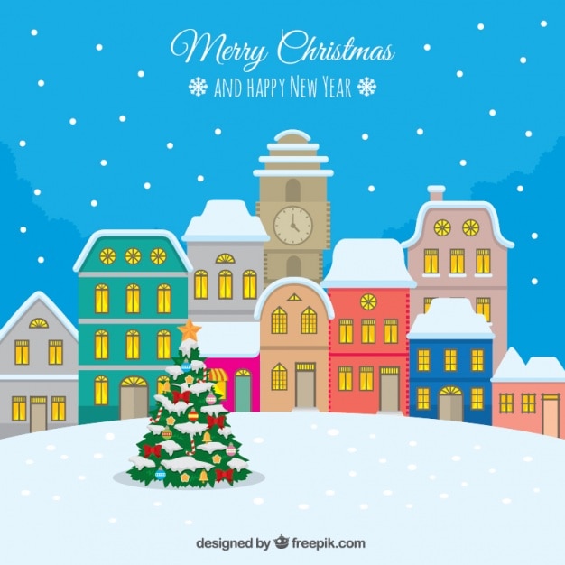 Download Download Vector Merry Christmas Background With Houses And Tree In The Snow Vectorpicker 3D SVG Files Ideas | SVG, Paper Crafts, SVG File