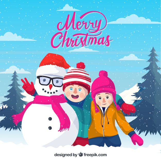 Download Free Vector Merry Christmas Background With Kids And Their Snowman PSD Mockup Templates