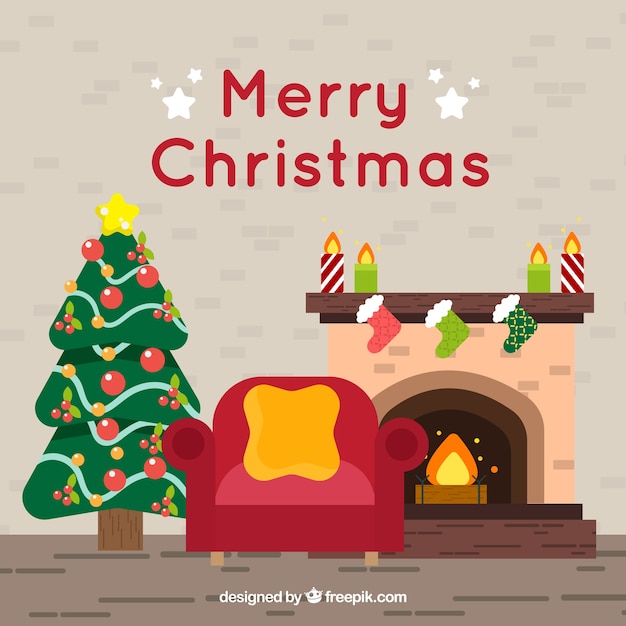 Merry christmas background with living room decorated in flat design
