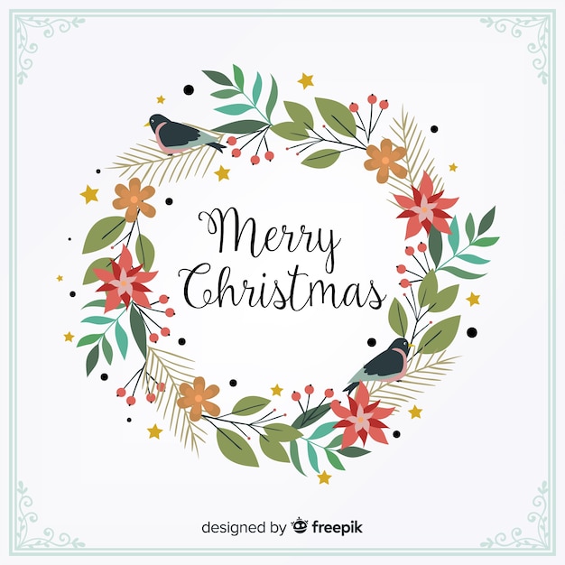 Merry Christmas Wishes in a floral wreath design Free Vector